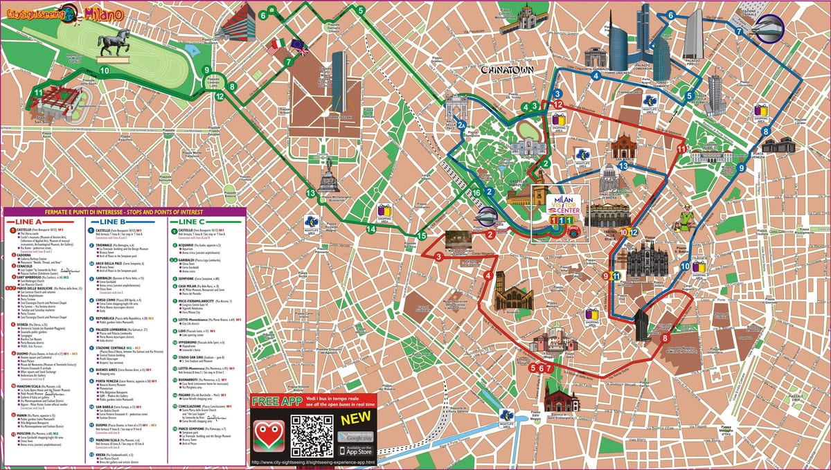 milánó hop on hop off buszos városnézés térkép